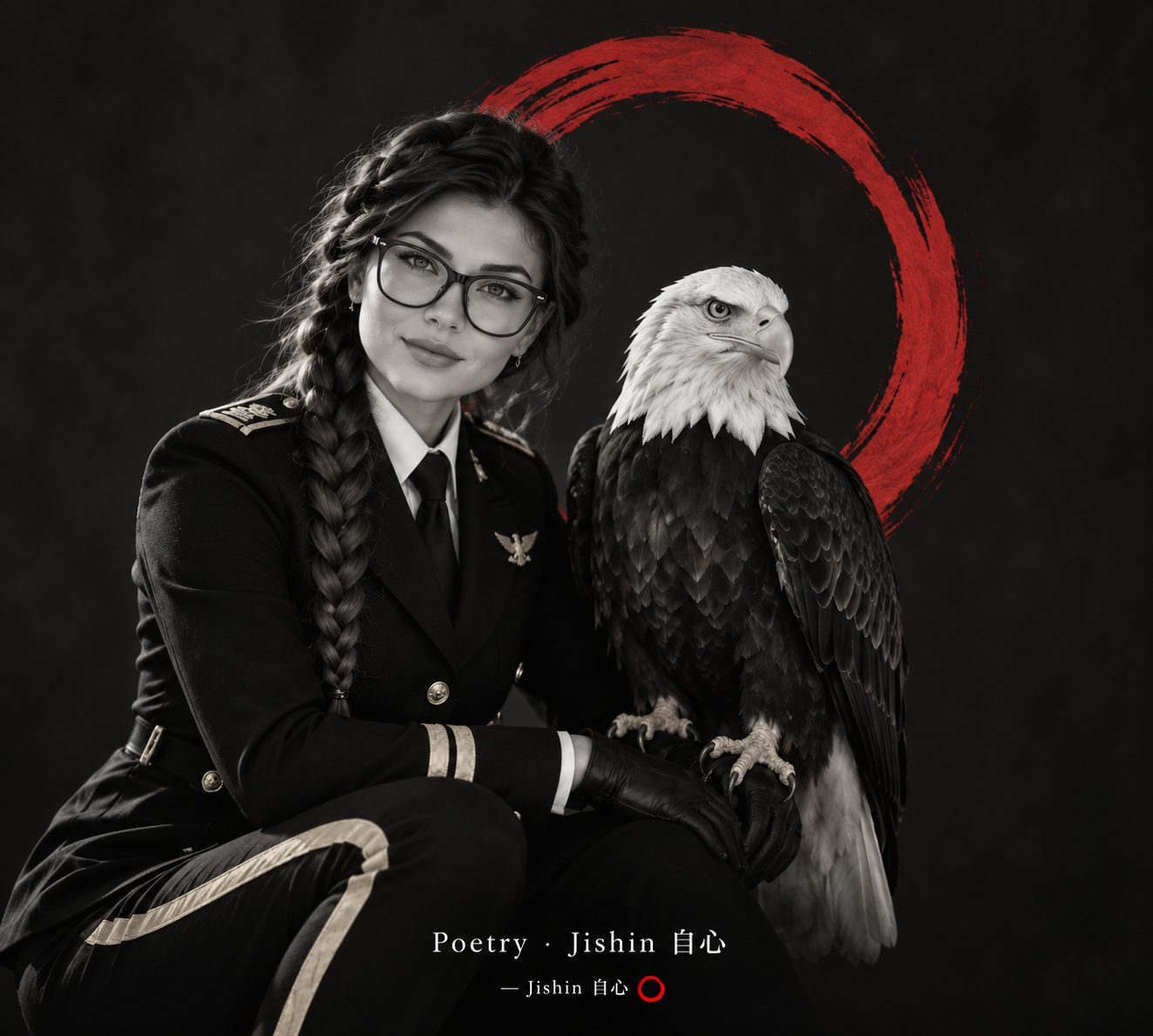 A smiling woman beside a bald eagle, in black and white with a red ensō