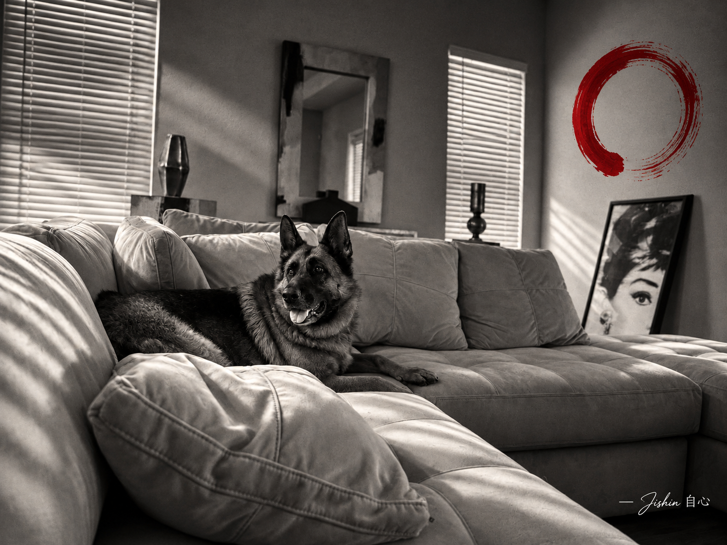 Nurit, a German Shepherd, resting on the sofa beneath a red ensō