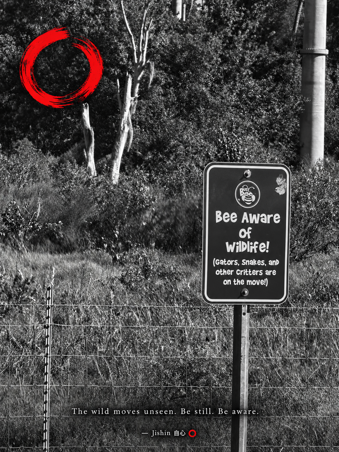 A Bee Aware of Wildlife sign beside a Florida marsh, in black and white with a red ensō in the trees